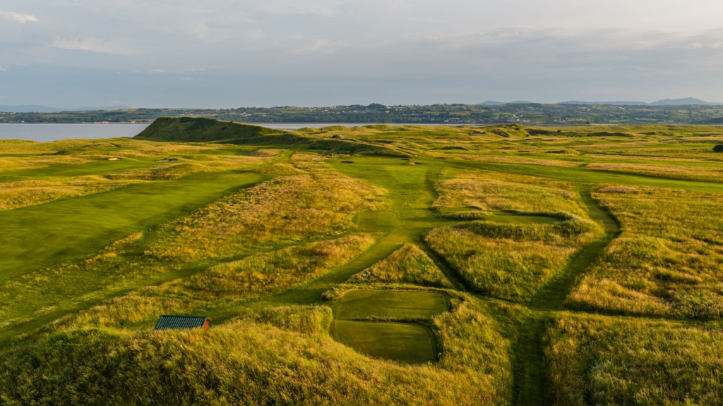 Hole 16 fairway and green at Donegal Golf Club, with rolling links dunes