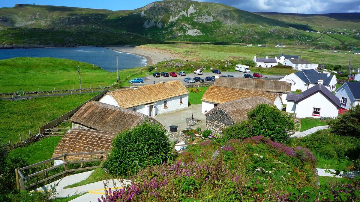 aerial view of the gencolmcille folk village in donegal