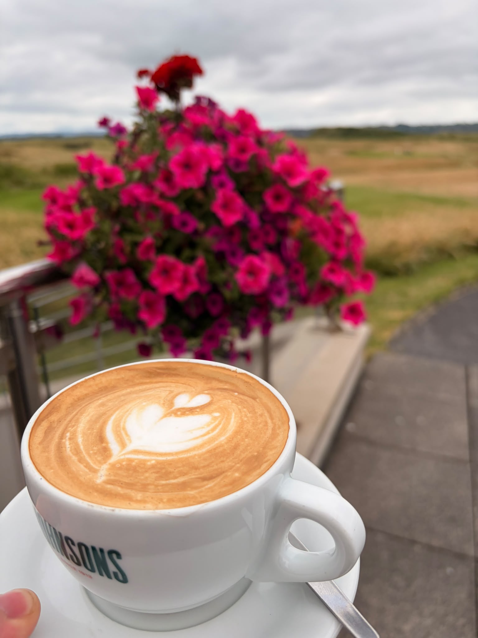 Coffee with latte art overlooking the links golf course at Donegal Golf Club
