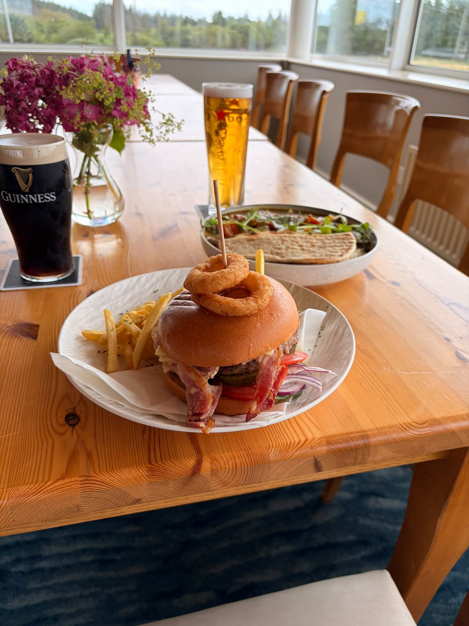 gourmet beef burger with bacon and chips